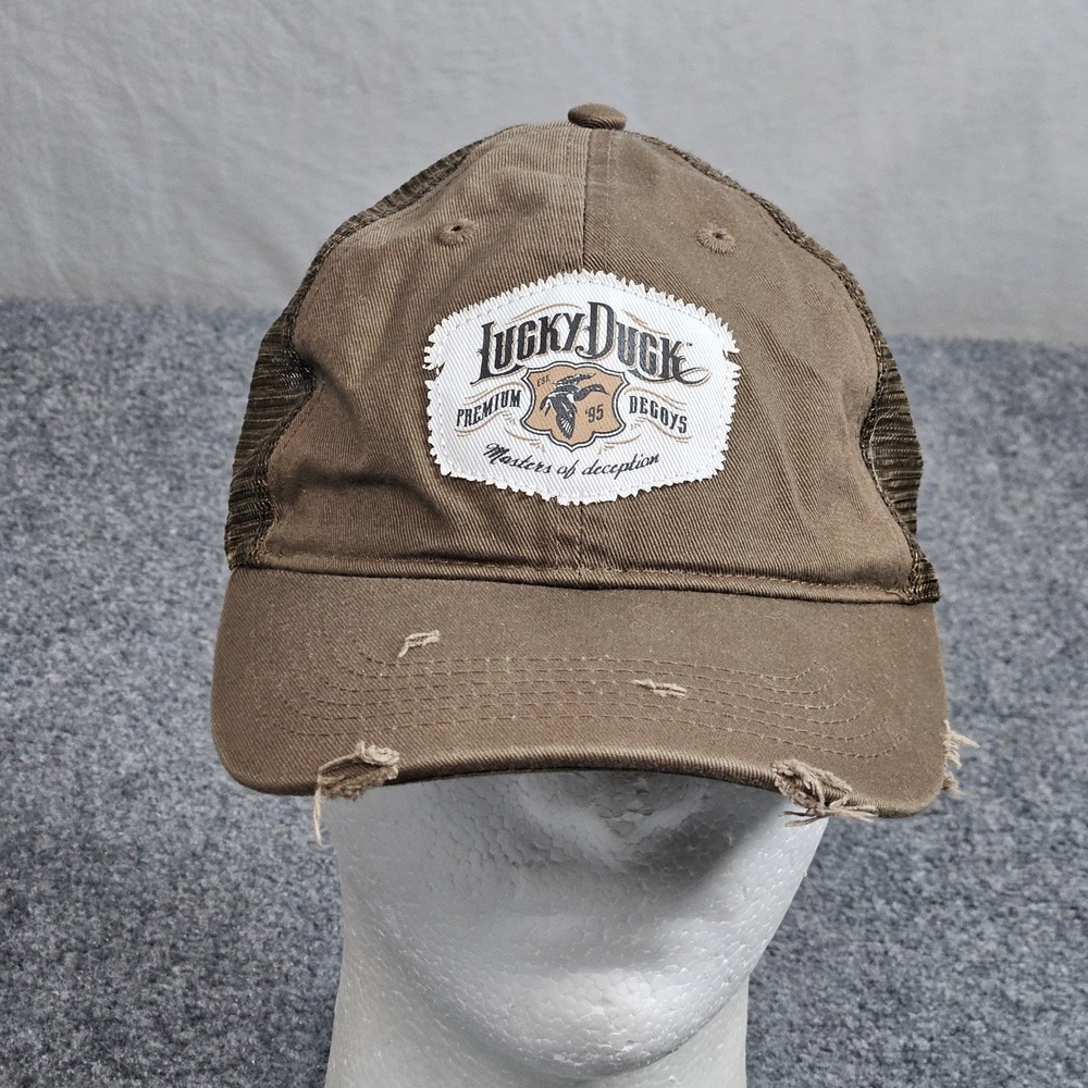 Lucky Duck Trucker Hat Brown Distressed Patch Hunting Outdoor Workwear Rural Cap
